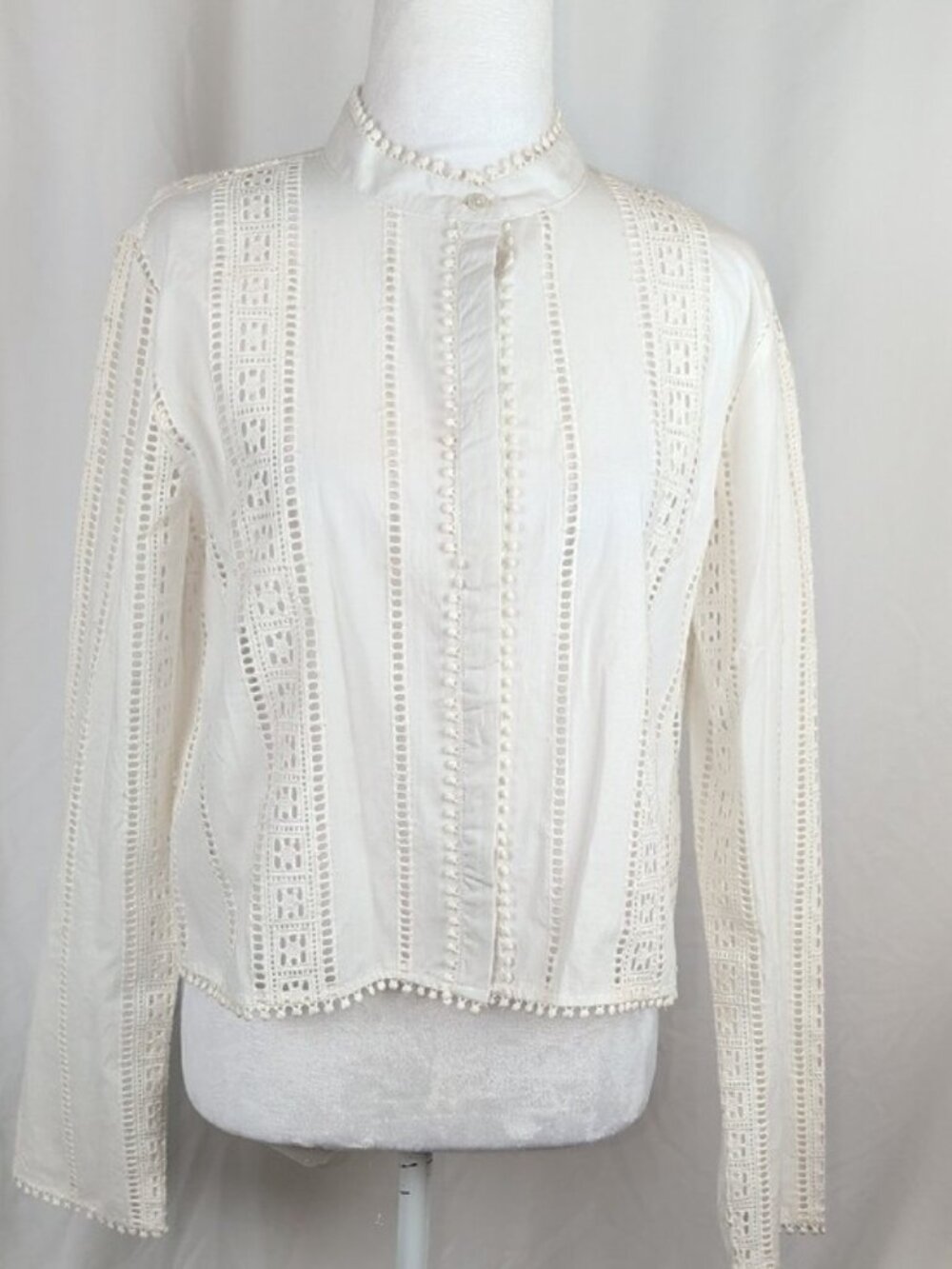 NWT Simons Truth White Broderie Anglaise Lace Pom Pom Blouse M